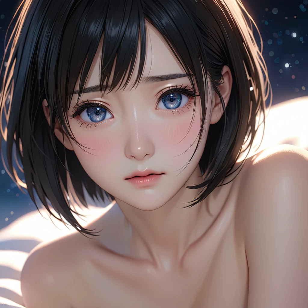 National Science Foundation,masterpiece,High resolution,8K,Art,digit,Three-dimensional,Realism,Kyoto Animation Style,Your name style,Facing the camera,Soft Light,Glowing skin,(1 female: 1.3),(alone: 1.4),(((black hair))),(Naked upper body),Long eyelashes,Long thin legs,Short Bob,supine position,Close-up of upper body,Close-up,close view,(Eyes as deep as the starry sky),(blush),(shy),(lovely and delicate),(Pitiful),(((sadness)))