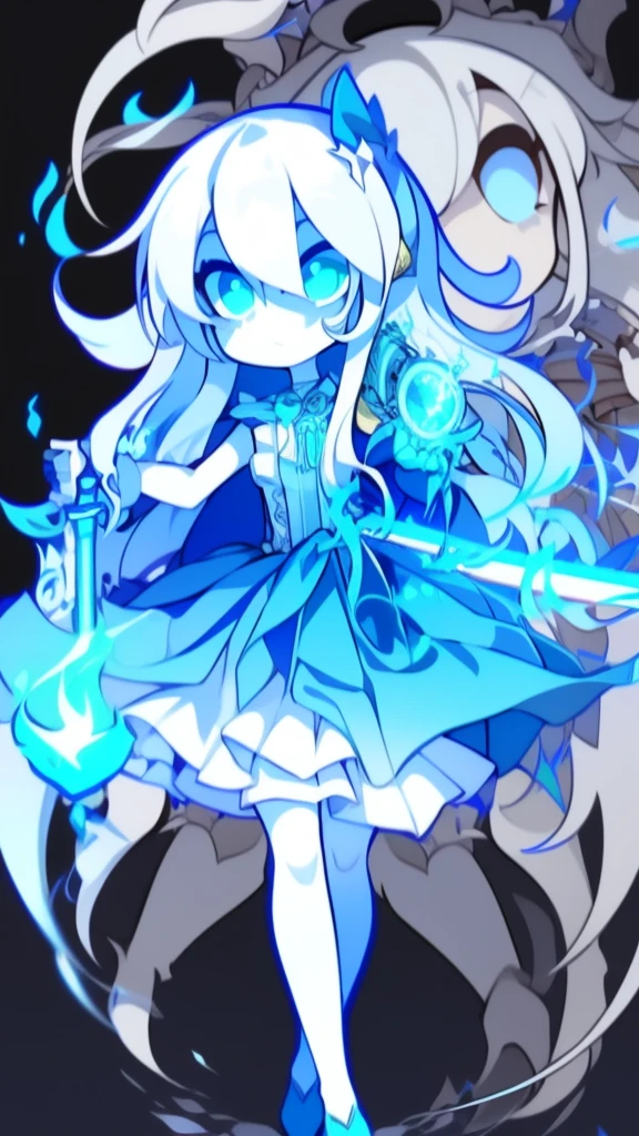 girl,k hd,4K,face expressionless,style of anime,sideface,blue color eyes,white color hair,((full body)),Confused eyes,(default character)SD character, masterpiece,best quality,ultra detailed,4K,super fine illustration,highly detailed beautiful face and eyes,cyan color scheme, lighting,fantasy,extremely solemn atmosphere,long hair,floating hair,smirk,fighting stance,dynamic pose,(holding glowing sword:1.3),particle light,luminescence,plasma,electric current,blue flame,sense of depth,dynamic angle,