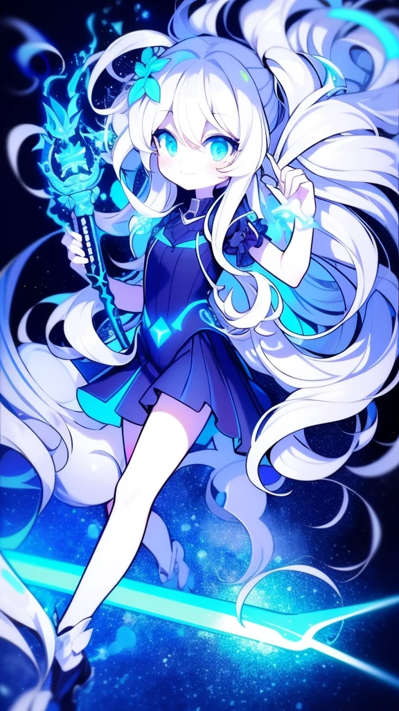 girl,k hd,4K,face expressionless,style of anime,sideface,blue color eyes,white color hair,((full body)),Confused eyes,(default character)SD character, masterpiece,best quality,ultra detailed,4K,super fine illustration,highly detailed beautiful face and eyes,cyan color scheme, lighting,fantasy,extremely solemn atmosphere,long hair,floating hair,smirk,fighting stance,dynamic pose,(holding glowing sword:1.3),particle light,luminescence,plasma,electric current,blue flame,sense of depth,dynamic angle,