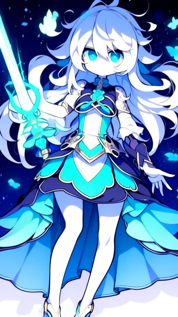 girl,k hd,4K,face expressionless,style of anime,sideface,blue color eyes,white color hair,((full body)),Confused eyes,(default character)SD character, masterpiece,best quality,ultra detailed,4K,super fine illustration,highly detailed beautiful face and eyes,cyan color scheme, lighting,fantasy,extremely solemn atmosphere,long hair,floating hair,smirk,fighting stance,dynamic pose,(holding glowing sword:1.3),particle light,luminescence,plasma,electric current,blue flame,sense of depth,dynamic angle,
