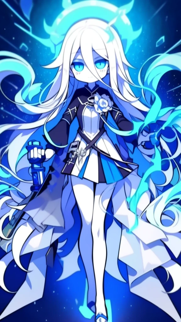 girl,k hd,4K,face expressionless,style of anime,sideface,blue color eyes,white color hair,((full body)),Confused eyes,(default character)SD character, masterpiece,best quality,ultra detailed,4K,super fine illustration,highly detailed beautiful face and eyes,cyan color scheme, lighting,fantasy,extremely solemn atmosphere,long hair,floating hair,smirk,fighting stance,dynamic pose,(holding glowing sword:1.3),particle light,luminescence,plasma,electric current,blue flame,sense of depth,dynamic angle,