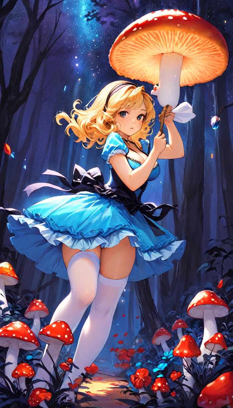 a beautiful 20 year old blonde woman with big messy hair in a blue dress, white stockings, black headband, cleavage, holding a glowing mushroom, fantasy art style, rossdraws cartoon vibrant, alice x. zhang, alice in wonderland cyberpunk, cute detailed digital art, colorfull digital fantasy art, digital fantasy art ), glossy digital painting, rossdraws pastel vibrant, rossdraws 2. 5, rossdraws 1. 0