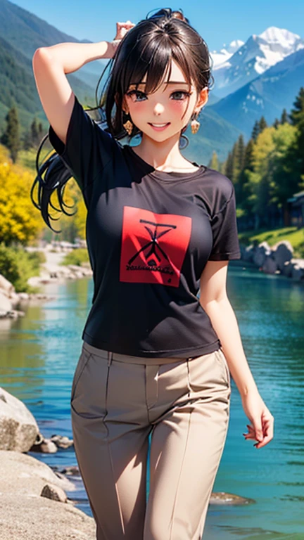 A girl is posing for a photo, cute女の子, Enchanting girl,
(black髪, Long ponytail:1.4, Red string ribbon), (Red eyes),
((blackTshirt:1.6), (Knee-length chinos:1.4)、blackチョーカー、Blue gemstone earrings、
(((highest quality)), ((masterpiece)), (Very detailed), (High resolution), (Beautiful detailed sparkle), (High detail), (Anatomically correct)), ((Realistic)), ((The best CG)), Ultra-detailed art, CG illustration, 16k, 1080P, Oil paints:1.2,
(((One Girl))),
(Symmetrical facial features, Perfect Face), Beautiful clavicle, (Beautiful fingers), (Beautiful breasts, (Ccup)),
Beautiful body, Beautiful thighs, Beautiful feet, Perfect round butt, (((Detailed skin, Oily skin, Textured skin, Beautiful Skin))),
(((Baby Face, cute, 16 years old))), Double eyelids, Long eyelashes,
(Droopy eyes, Expression of fine eyes, Beautiful and delicate eyes, Sparkling eyes, Eye Reflexes),
(Beautiful Nose,Thin Nose),
(Glossy Lips, Beautiful Lips, thick lips),
(Beautiful Hair, Shiny Hair, Shiny Hair), Hair fluttering),
(smiley, laughing, blush),
BREAK
(noon、(In the mountains、Put your feet in the river)), ((Dynamic Pose、Cowboy Shot))
