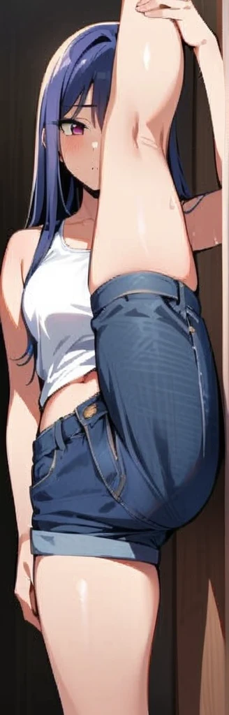 (masterpiece, best quality:1.2), 1girl, solo,standing_split,
long hair, White sleeveless tank top,blue denim shorts