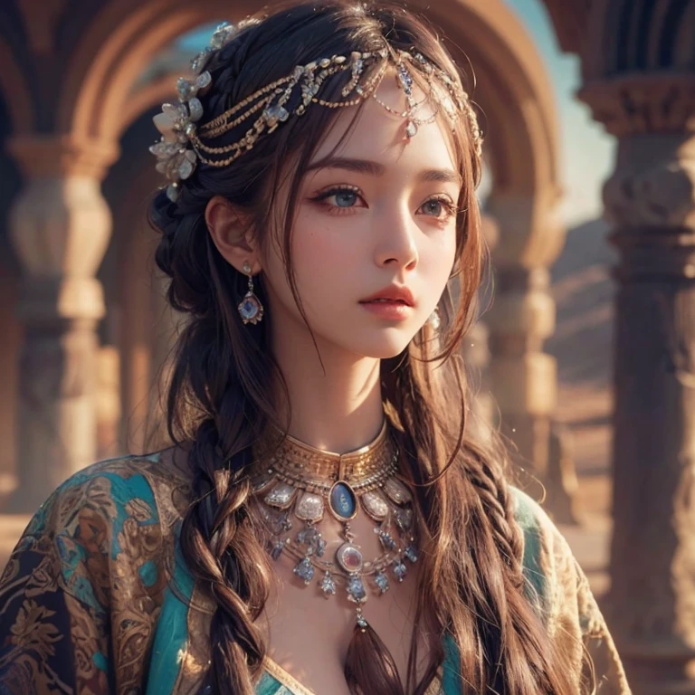 desert、Hair Flow、 ((highest quality、masterpiece、8k、Best image quality、Ultra-high resolution、Award-winning works)、(Woman close up'Face:1.35)、(裸Faceのクローズアップ:1.3)、(Accurate anatomy:1.1)、(Look at me and smile:1.1)、Shining fair skin with Ultra-high resolution、The most detailed face、Ultra-high resolution detailed face、Ultra-high resolutionの髪の毛、(Ultra-high resolutionの煌めく瞳:1.1)、Beautiful face drawn in every detail、(Blurred Background:1.1)、Ancient Islamic clothing, Chest to chest, tattoo, Old ruins in the background、