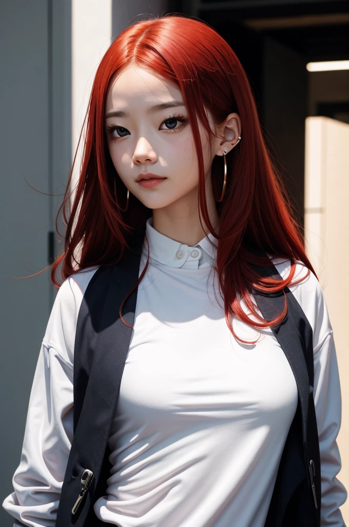 Girl with long red hair, Red Eyes, futuristic vibe, Wear a mask on your mouth, earphone, 8K, high quality, Simple background, Glowing eyes, Beautiful posture