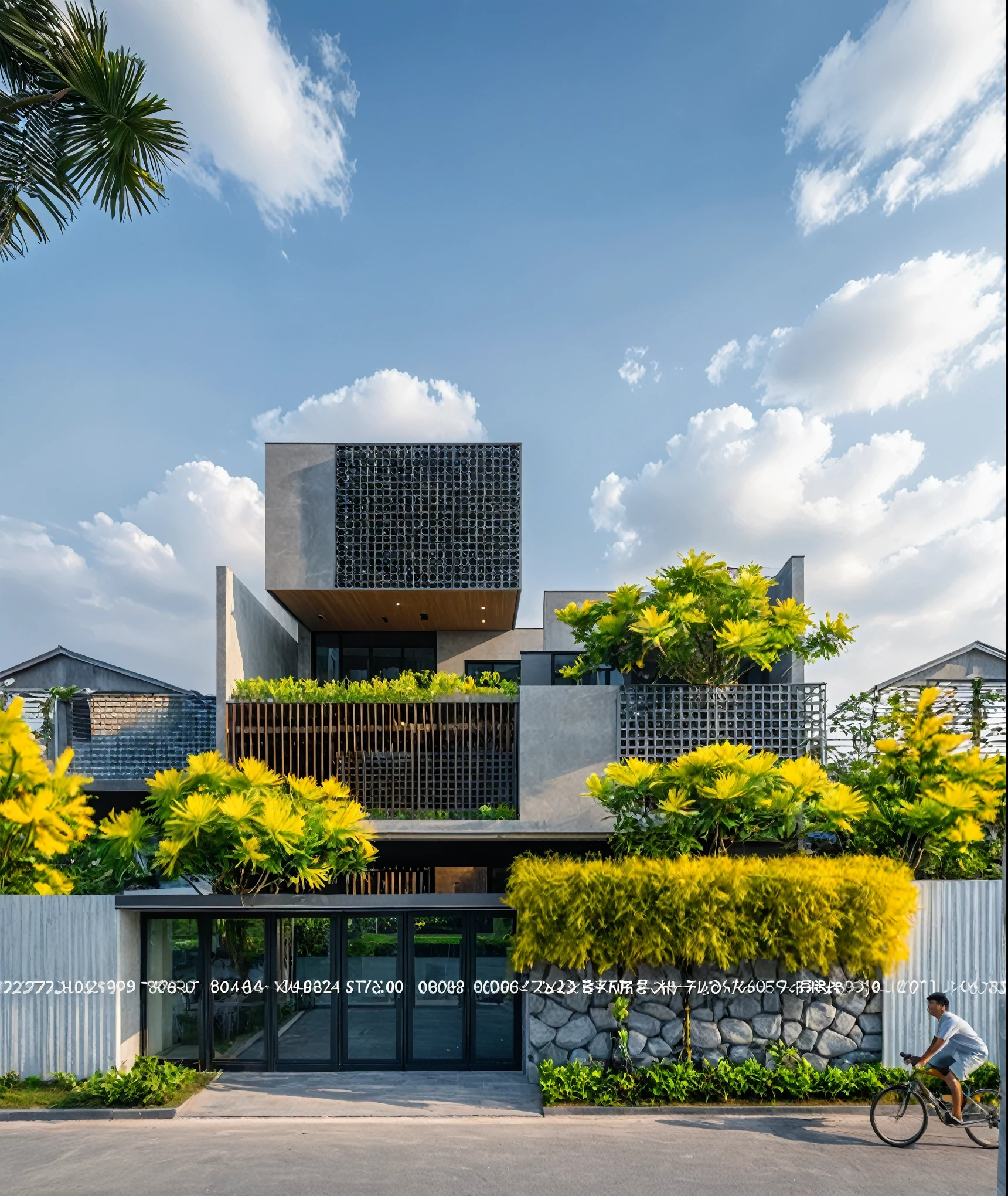 Raw photo, Masterpiece, high quality, best quality, authentic, super detail,
exterior, outdoors, Tuonghoagio, house, modern stytle, on the street, wind flower wall, glass windows, GRAY STONE wall, GRAY metal gate, metal railing, house style modern on the street
road, pavement, grass, trees, sky, cloud, (daylight:1.1)