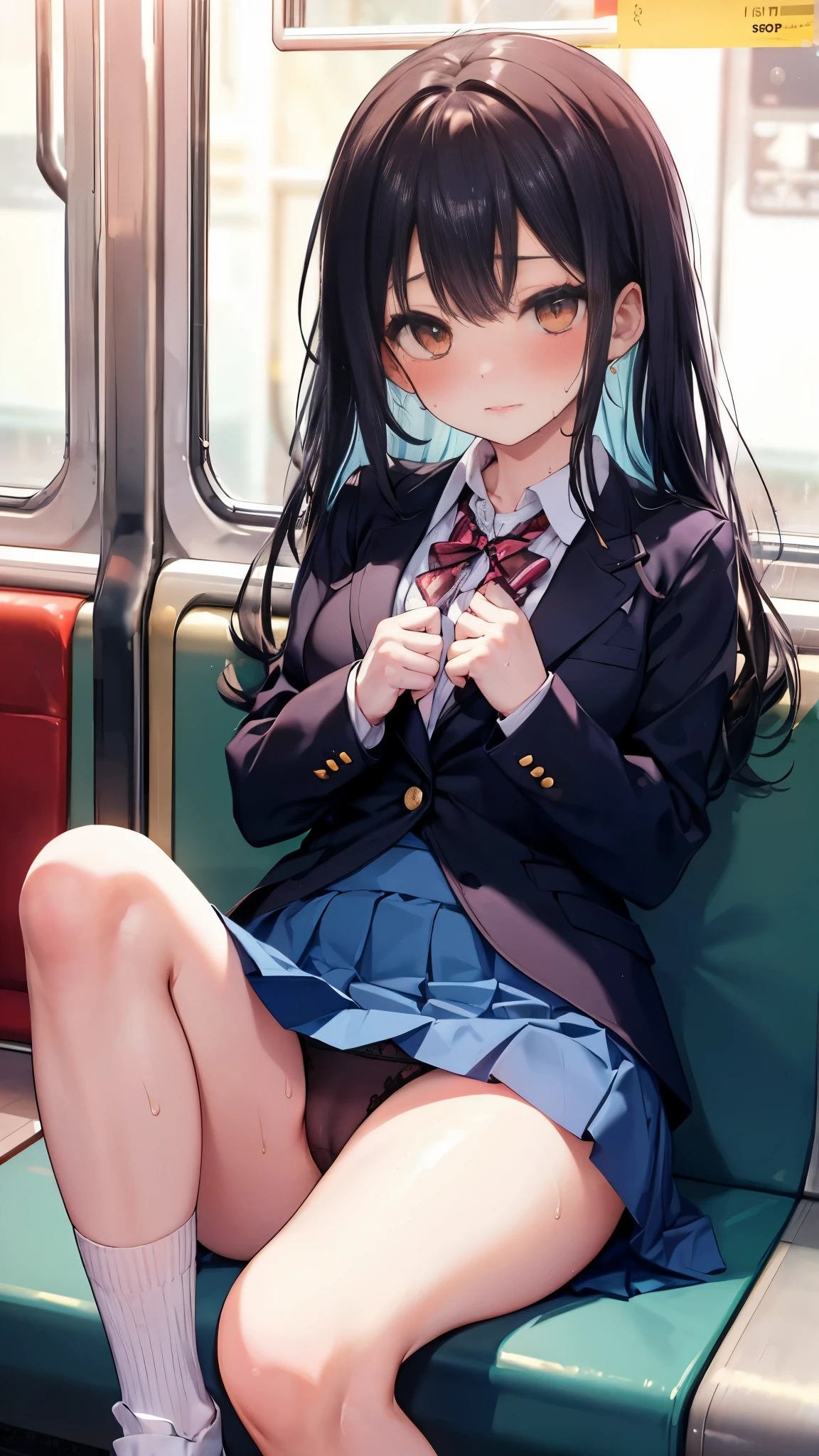 NSFW,4K,Gal:1.3,Anatomically correct,school uniform:1.3,A pure and innocent girl, Very cute face, Like an idol, (masterpiece:1.2), (high quality), panties, loose socks, Hip, Blue Skirt, alone, Blazer Type, loose socks, Lifting clothes, Brown eyes, pure gaze, mini skirt, Lift yourself up, Check skirt, blush,((Mid-chest)), (Sweating profusely), Long Hair, physical education, Beautiful legs, ((in the train))