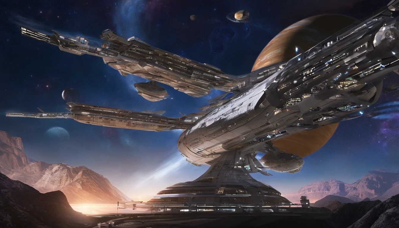 (((The space station is massively bigger than Babylon 5, but in the shape of Deep Space 9))). (((The space station has 6 O'Neal Class space stations off in 5 different equilateral directions, & 1 down the middle))). It's 10 times bigger than Saturn, and generates it's own power. There are hundreds of starships going to & fro, from the station, at any hour of the day. The station is in the center of the foreground. There are many stars, a nebula, and a comet, in the background. Use the following styles:conceptual art, protovision,3d render, architecture, portrait photography, cinematic, vibrant glass, crystal diamond, Walter Matt Jeffries, Edgar Rice Burroughs, Quentin Tarantino, and Andrew Probert.