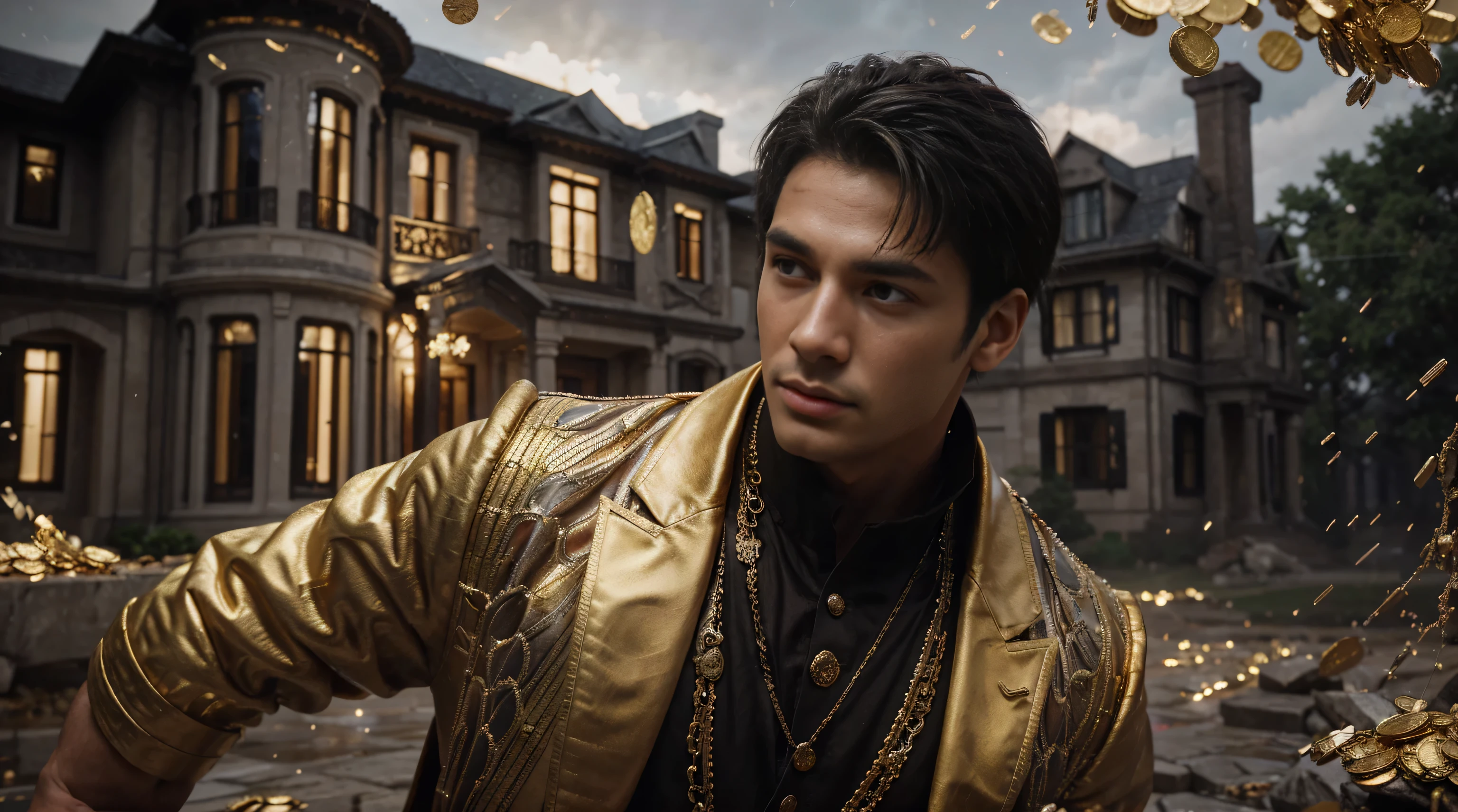 a man in front of a mansion full of gold coins falling from the sky, ultra detailed image, realism, 8k, hyper detailed skin, intense and vivid colors.