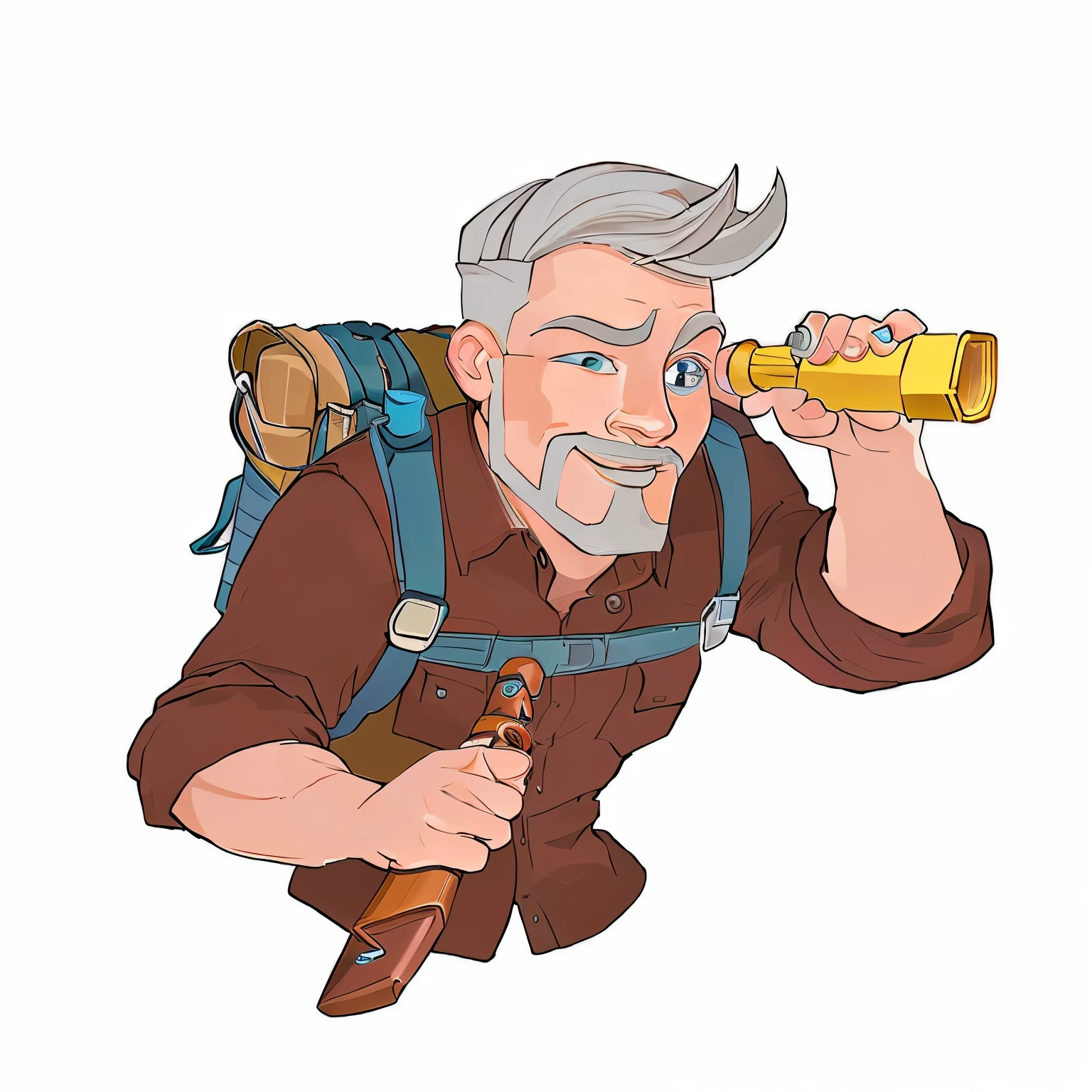 Cartoon，man，Carry an adventure backpack，High resolution，A hand holding a telescope, The other hand holds a dagger，high quality，Explorer, adventurer, role play_portrait, 25cartoon，