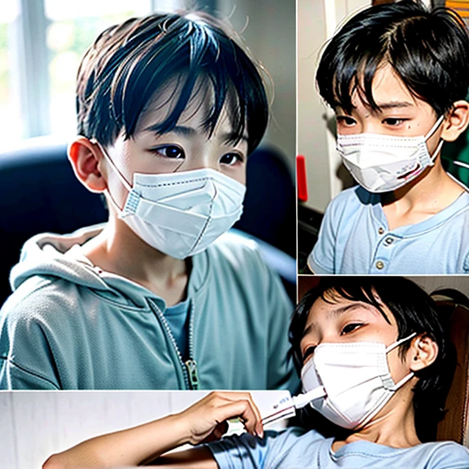 Handsome kindergarten boy with infectious disease、Appearance of suffering. He is wearing a white mask. He has a high fever. he is sleeping. He has a cough. He is exhausted. He is taking his temperature with a thermometer. He is dying. He is cooling his forehead with a cooling gel sheet..Are crying