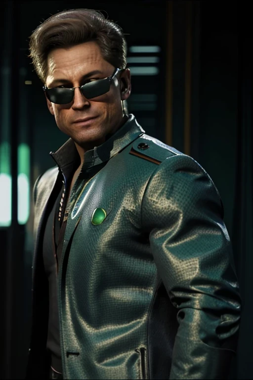 (Johnny Cage), cocky smirk, sunglasses, Mortal Kombat, Character Design, dynamic lighting, cool and bright colors, green suit jacket, open jacket, black dress suit