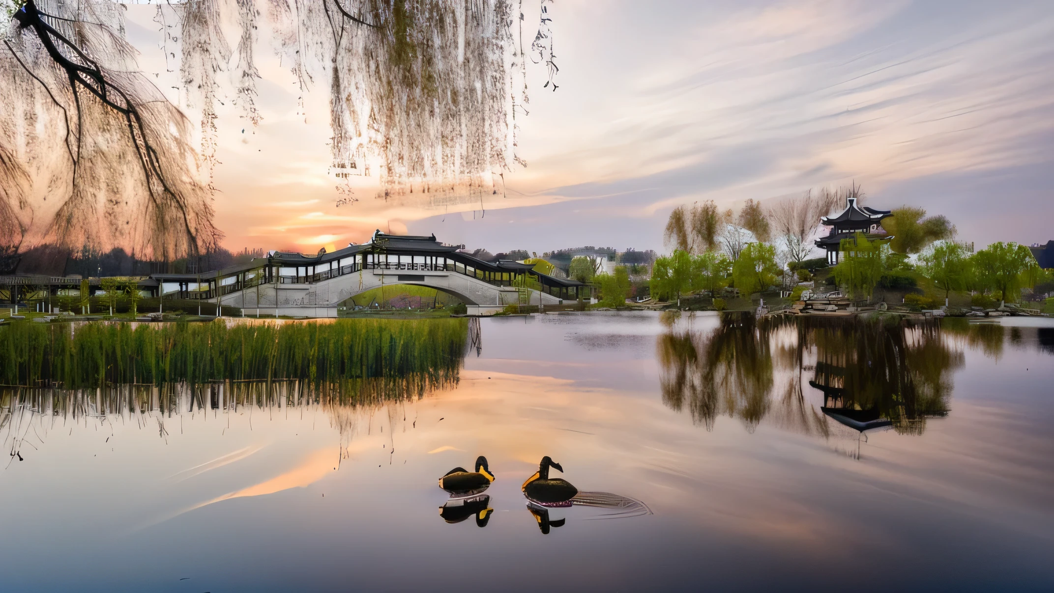 Landscape Photography,Lake,Lotus,Lotus in full bloom,Lots of Lotus,Silhouette of two ducks,weeping willow,Sunset,evening,Reflection,Reflection in water,high quality,raw,International Photography Master Award-winning Works