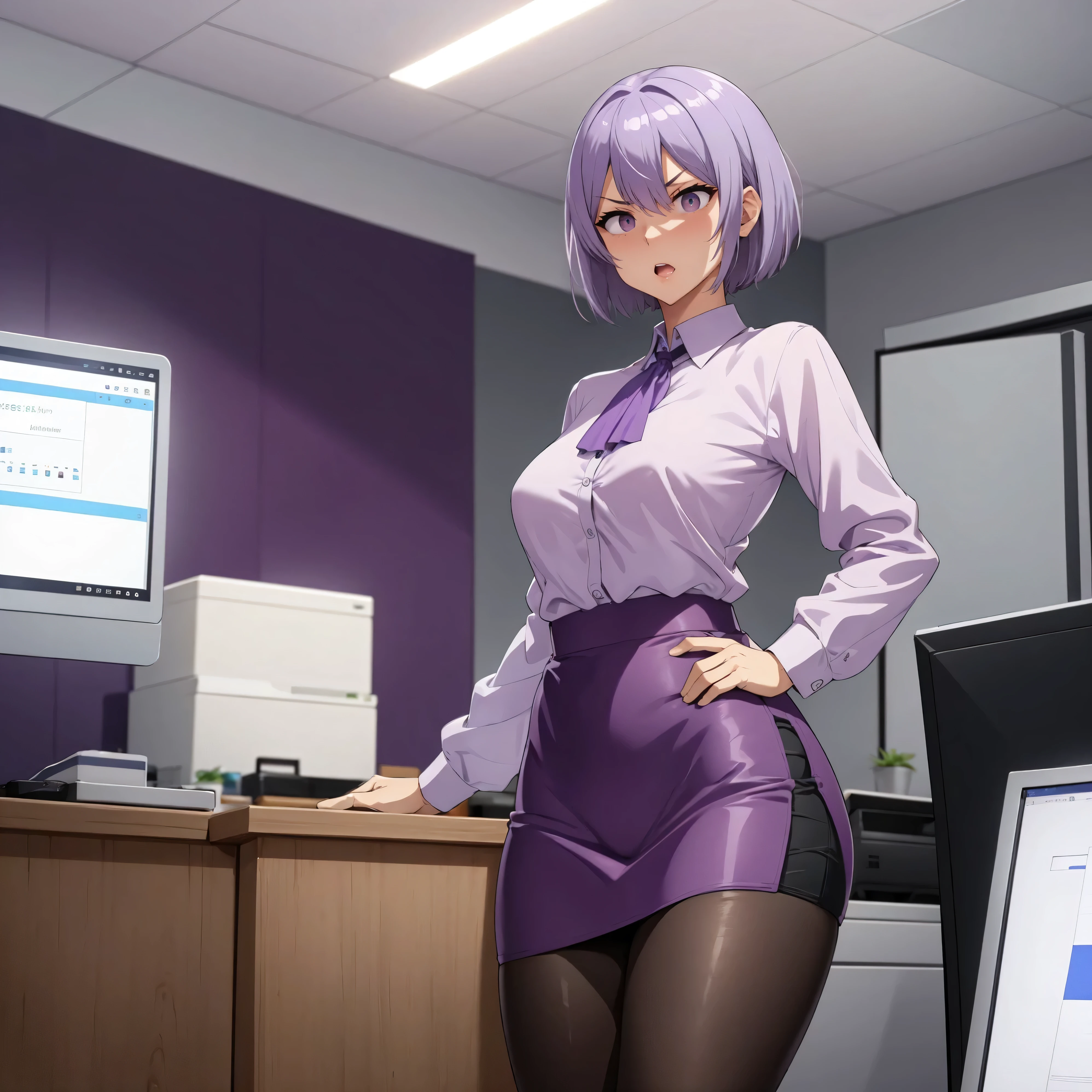 No background、Standing posture、office、1 female、(light purple hair、Gray Hair、Short Hair)、(blouse、Tight Skirt)、Ultra-detailed illustrations、Ultra-precision performance、masterpiece、highest quality、超High resolution、High resolution、、（(Angry expression)）、Mommyfy、