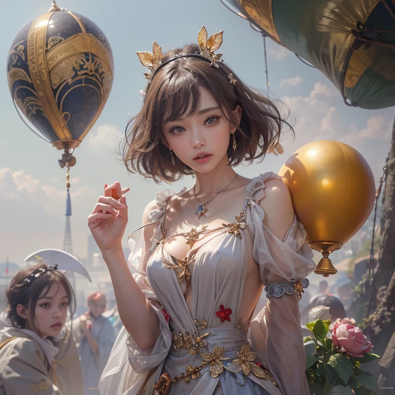 (masterpiece:1.3), (8k, Realistic, RAW Photos, Best image quality: 1.4), Fair-skinned fairy woman、short hair、Cleavage:2.0、Highly detailed face、Attention to detail、double eyelid、Sharp focus:1.2、Beautiful woman:1.4、highest quality、masterpiece、Ultra-high resolution、(Realistic:1.4)、Highly detailed and professionally lit smiles、カーネ・グリフィスを彷彿andさせる非常に詳細な線画, (Donald Trump'clown:1.7), (balloon:1.4), With the power of Vadim Kassim'大胆な色彩and質感, Light and airy, Like the works of Carl Larsson, dark background, dark, evil, fire, パスカル・ブランシュ風の超Realisticなキャラクター, pastel, Grace, Draandic lighting, Expressive camera angles, and, Concept Art, amusement park, masterpiece