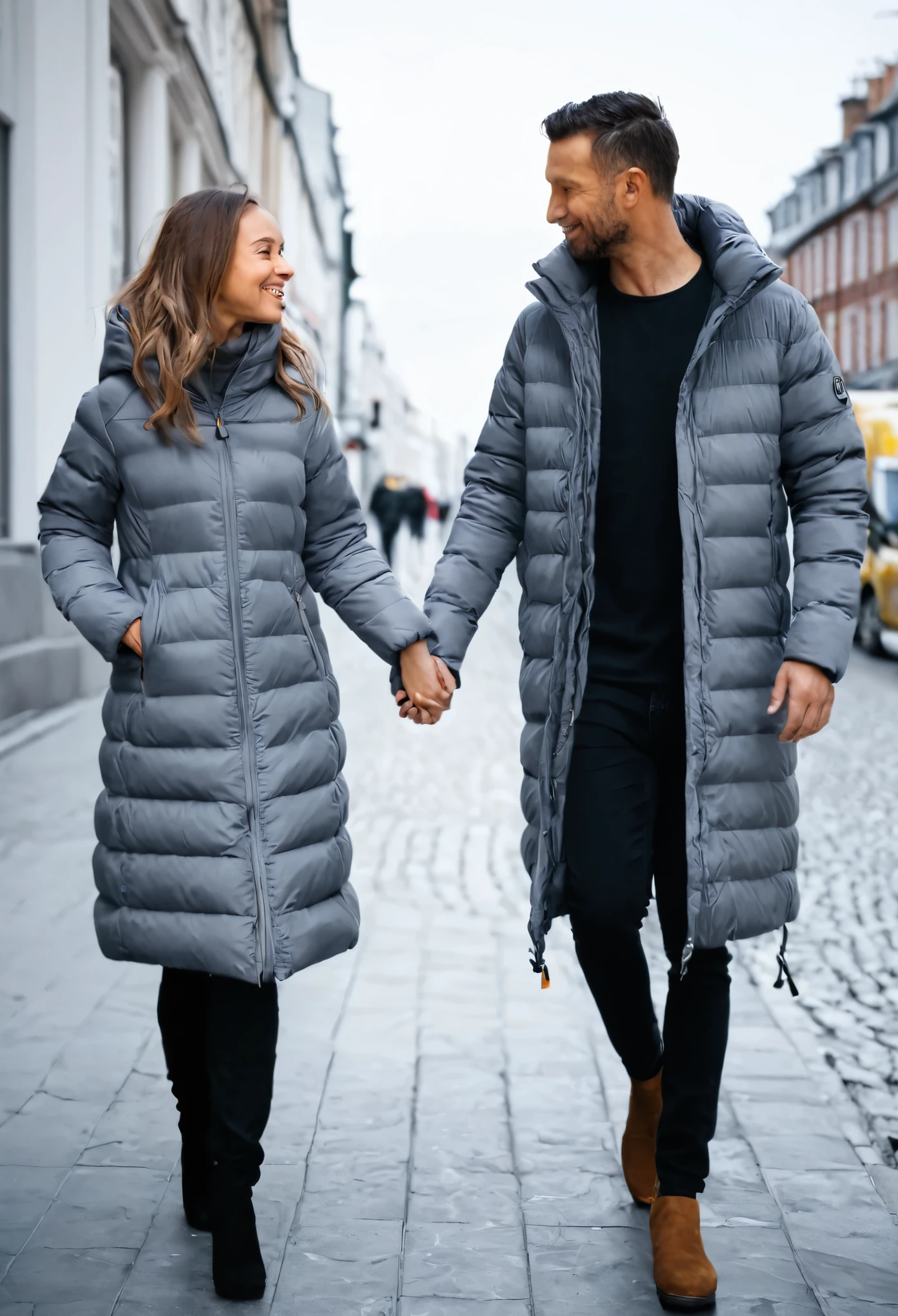 a man and a woman,  walk on street,talking,grey long down jacket,