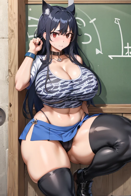 One Girl,{Knee-high socks}、(((Wide Hips)))、 (((Thick thighs)))、((Big Ass))、(大きなchest) 、Long Hair、Embarrassed look、whole body、Short Stack、Sexy pose,Animal print、Black footwear、Black Hair、blonde、Blue Skirt、Borrowing words、Bra visible through clothes、bracelet、chest、rock、Chain Necklaces、classroom、chestの谷間