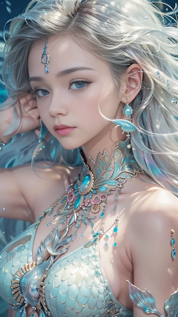 ((RAW shooting, 32k, highest quality, masterpiece, Ultra-high resolution)), (Deep sea at night:1.0, Dramatic moonlight:0.7, Mysterious underwater world:1.3, Expressions of sadness:1.0), The subject is far away, Full Body Shot, Fractal Art:1.3, Perfect dynamic composition:1.3, Very detailedな肌と顔の質感:1.3, (Beautiful shell and coral decoration, Surrounded by lots of colorful fish, Rich underwater vegetation), Dynamic flow of water waves:1.3, elegant and sophisticated, (Slim mermaid figure, Shimmering Scales, Mermaid tail), Fair skin, Incredibly slim body:0.8, Very beautiful face, Water droplets on the skin, Very accurate, Very detailed, Gorgeous silver shiny dress portrait, Big eyes that exude beauty, Beautiful big lips,, Unreal atmosphere, necklace, Earrings, bracelet