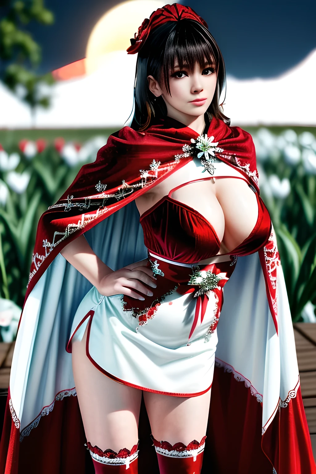 1girl,(RED theme: 1.2), (Velvet fabric Wedding dress: 1.2), (Ice flower cloak: 1.5), ,garden,moon,huge breasts,lactating,(lip gloss),(masterpiece), best quality, (real life portrait photography:1.5),unltra detailed,8K,Shot with a professional-grade camera like the Nikon D850,every intricate detail is captured, from the subtlest expression to the glimmer of anticipation in her eyes,Focus on thighs and above,,nanami