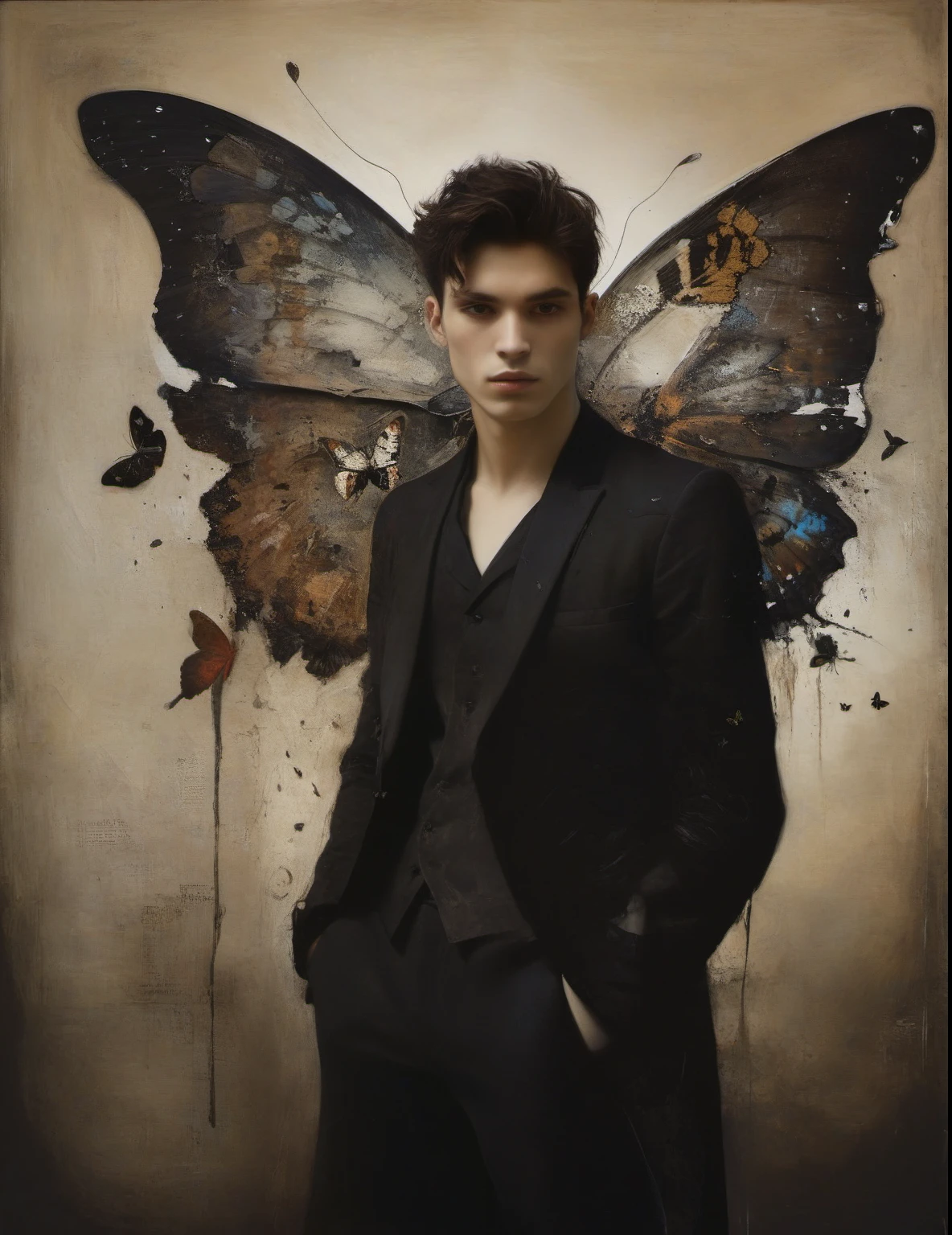 James Gurney, Surrealist art , dream-like, Mysterious, Provocative, symbolic, Complex, detailed,, (Gothic but very beautiful:1.4), (masterpiece, highest quality:1.4) , Nicola Samori Style, Laputa, Young and handsome men、butterfly