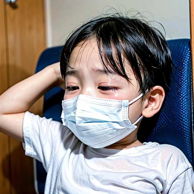 Handsome kindergarten boy with infectious disease、Appearance of suffering. He is wearing a white mask. He has a high fever. he is sleeping. He has a cough. He is exhausted. He is taking his temperature with a thermometer. He is dying. He is cooling his forehead with a cooling gel sheet..Are crying