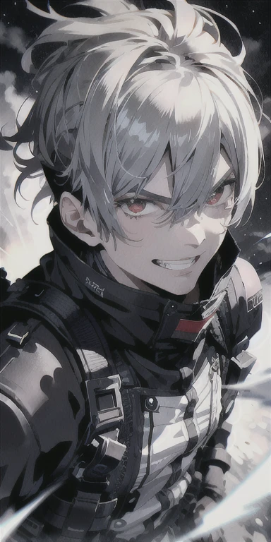 An absurd solution、High resolution、(masterpiece:1.4)、Ultra-detailed、From above、Adonis、Boy Universe、masterpiece, accelerate_Hmph, (Angry face:1.2), (Crazy Smile:1.3), crutch, Silver Hair,Red eyes glow, sunglasses,Close-up shot, Swirling Wind, Lightning appears around the character, Complex background of the night, Very detailed, (Cloudy:1.3), Cloudy, dim, Hmph, Vignette, Dirty