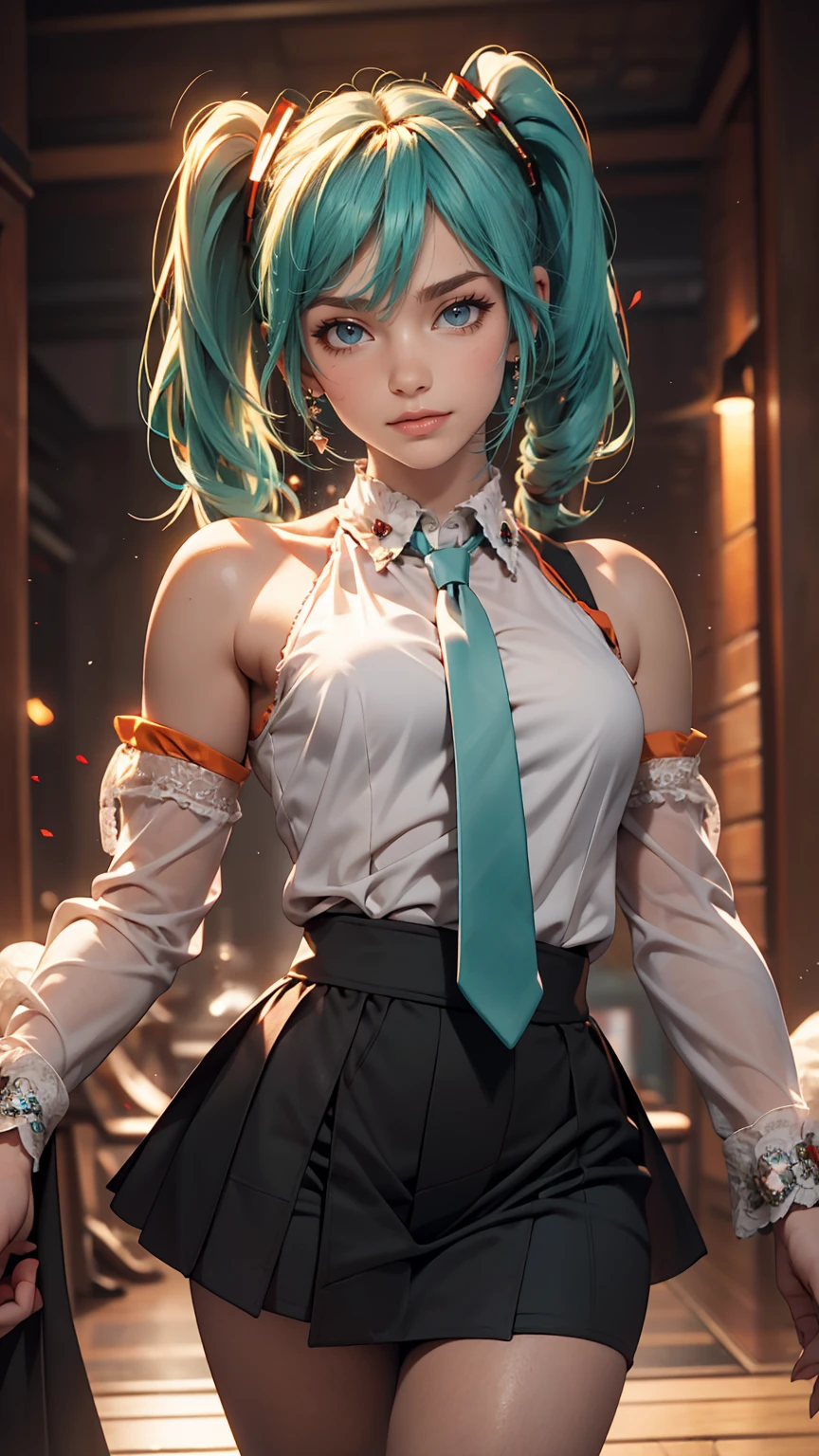 masterpiece, Hatsune Miku, White shirt, Blue tie, Exposing shoulders, The sleeves are separated, Evil Smiley Face, Dark Skin, Red eyes, Iris, Pupil orange,White woman、sexy