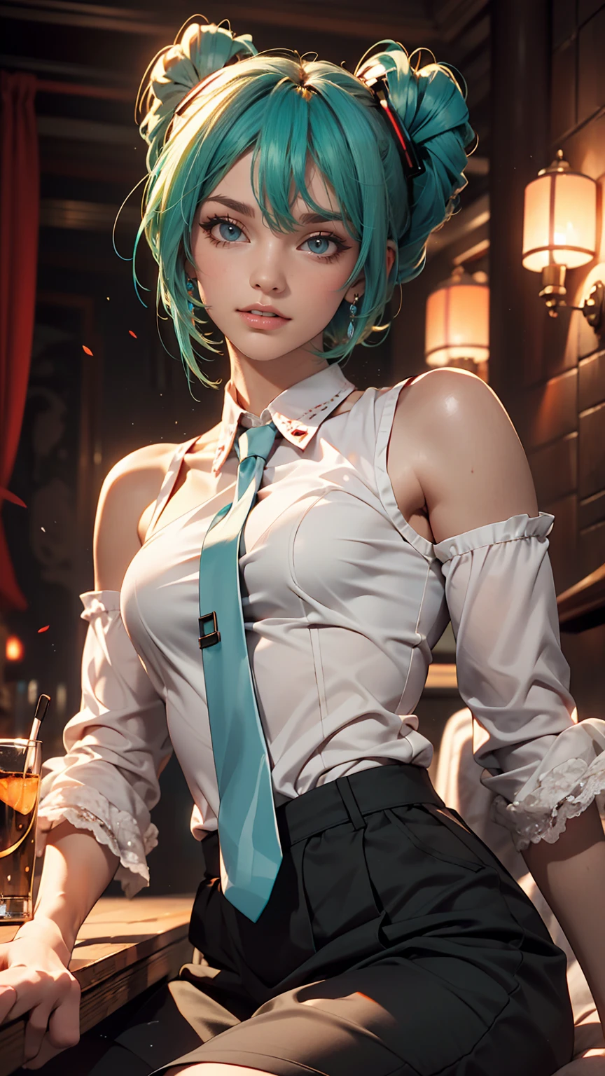 masterpiece, Hatsune Miku, White shirt, Blue tie, Exposing shoulders, The sleeves are separated, Evil Smiley Face, Dark Skin, Red eyes, Iris, Pupil orange,White woman、sexy