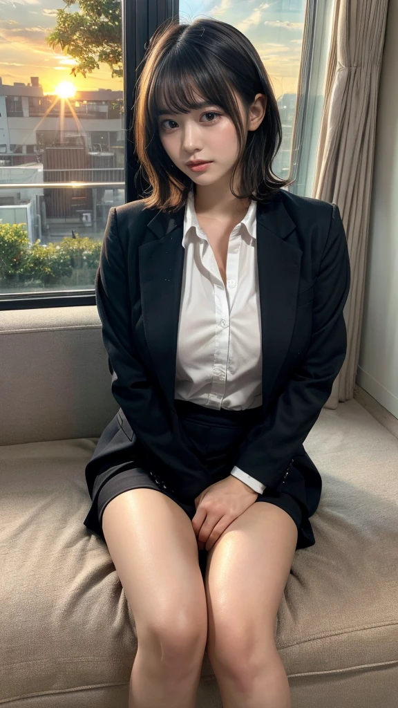 masterpiece, best quality, illustration, Super detailed, fine details, High resolution, 8K,wall paper, perfect dynamic composition,(Details High quality, realistic depiction of eyes:1.3), short hair, (wavy hair:1.2), Office Lady, ,Suit,Collared shirt, Black Suit,Black jacket, huge breasts, black hair color, Big Natural Color Lip, bold sexy pose, crying a little、cold gaze, Harajuku style、20 year old girl、cute type、ta、beautiful legs, hotel room, full body photo、focus on crotch, hposing Gravure Idol, Sexy shot looking at camera, Sunset, by the window, Summer, make up, Curve