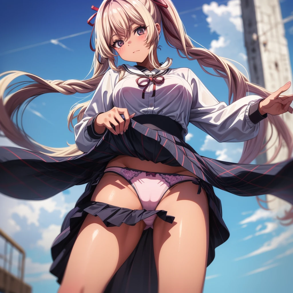 High school girl Antôt Blanc,Long braids,highest quality, Girl 1, Under the skirt, 一人in, Wearing underwear, in , panties, Pleated skirt, Black Hair, Hips, Lifting clothes, Brown eyes, Blue Skirt, pure gaze, , Miniskirt, Lift yourself up, Checked skirt, blush