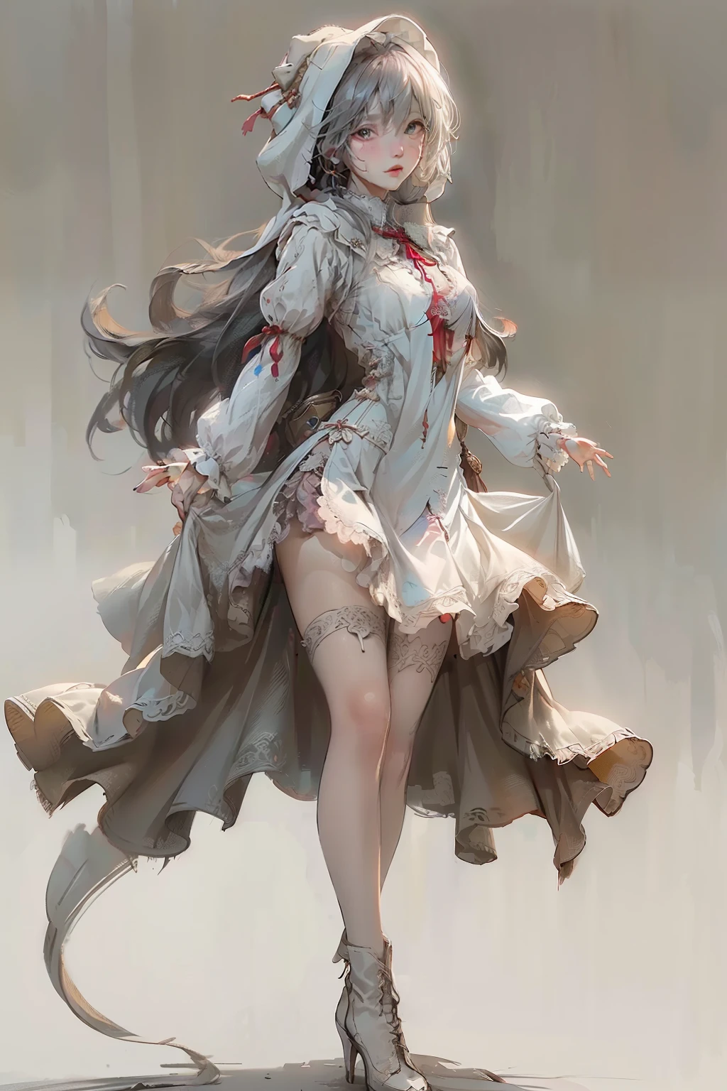 ((best quality)), ((masterpiece)), (detailed), perfect face (((masutepiece, of the highest quality, super detailed))), hand drawn style, hand painted style, watercolour, sketch, a knight, white background, plain background, Bloodborne inspired, tatty Bloodborne attire, occult aesthetic, occult, tatty red and white clothing detailed and intricate steampunk and detailed gothic ta (with a hood), long coat, Complex laced boots, Fluttering lace flared long knee length dress with frilly petticoats, long dress, knee length dress, pleated petticoats, loliress, petticoats gothic lolita, tiful small breasts, (((( Highly detailed face))), small thin nose, Small thin lips mouth, (((Very sharp focused eyes))), Very large slit precision pale grey eyes that shine like jewels. very long eyelashes, Silver hair swaying in the wind, Emitting a dazzling light in a mandala pattern, white background, Very dramatic and cinematic lighting, tatty damaged old red and white clothing, full body, whole body, body, cosmic horror, grim dark