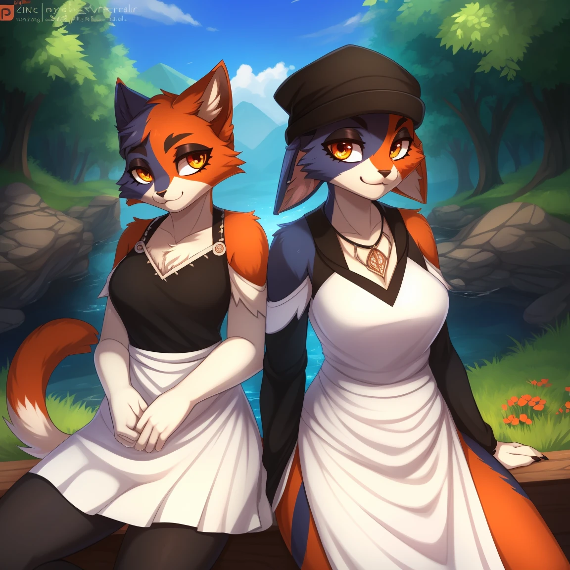 By zinfyuu on pixiv,von twistedscarlet60, hochgeladen auf pixiv, von Fluff-Kevlar, (Meisterwerk), (Best quality), (anthro pelzig:1.3, Schnauze:1.2, anthro:1.3, pelzig:1.2, nur Frauen:1.2), (extremely Detaillierte:1.3), (orange_Detaillierte_Auge), wears white dress, SFW, Wald, Sitzung, See, natural beauty, Auf Viewer anzeigen, Meowskulls, mehrfarbiges Fell