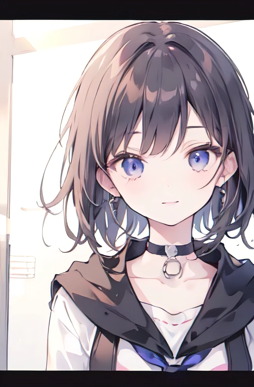 1girl, anime_coloring, black_eyes, black_gloves, brown_hair, choker, earrings, gloves, jewelry, letterboxed, parody, short_hair, smile, solo, style_parody,  