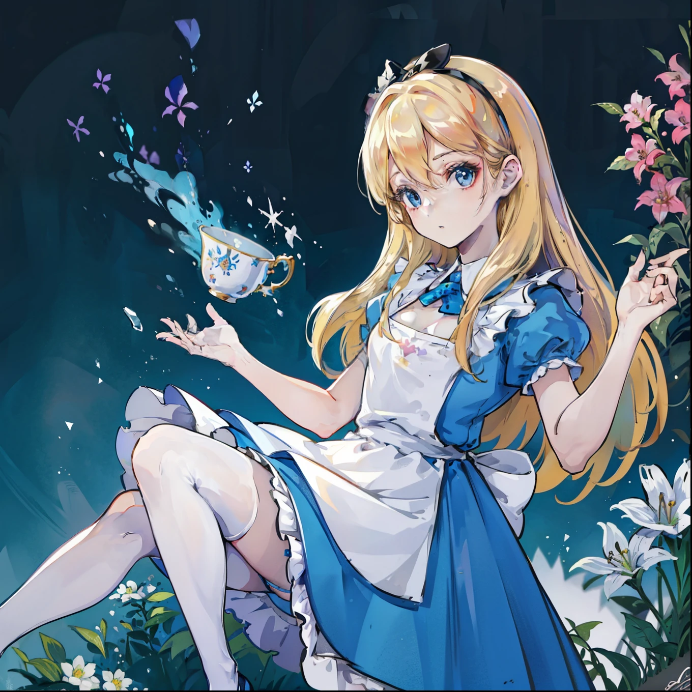 masterpiece, Fine detail, 4K, 8K, 12K, Solo, Solo, Beautiful Girl, caucasian female,a blond, big messy hair, thin black hairband, cleavage, shiny skin, textured skin, Alice in Wonderland, PlayingCards, teacup, alice in the wonderland,(masterpiece), (best quality), (extremely detailed), Malicious Alice liddell, blue dress, white apron, black hairband, white stockings, (showing rude string thong:1.3), spreading legs, malicious pose, in a flower garden, (((disney castle at the background))), (blue sky), (sunny day), 3d. Illustration, Good Highlights, Perfect Proportions, dynamic, Professional, Award winning, (high detailed skin), (high detailed face), photorealistic, HDR, ultra highres, 