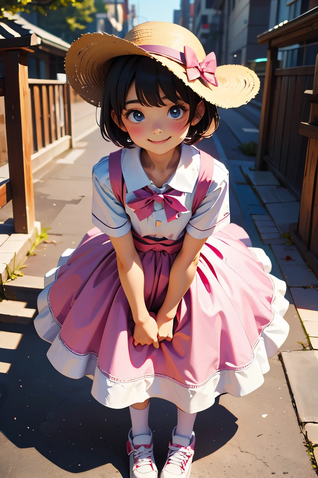 ((best quality)), ((masterpiece)), (detailed), perfect face, little sister, ten years old, big eyes, smile face, short hair, wearing dress pink and wearing hat, full body, at the school