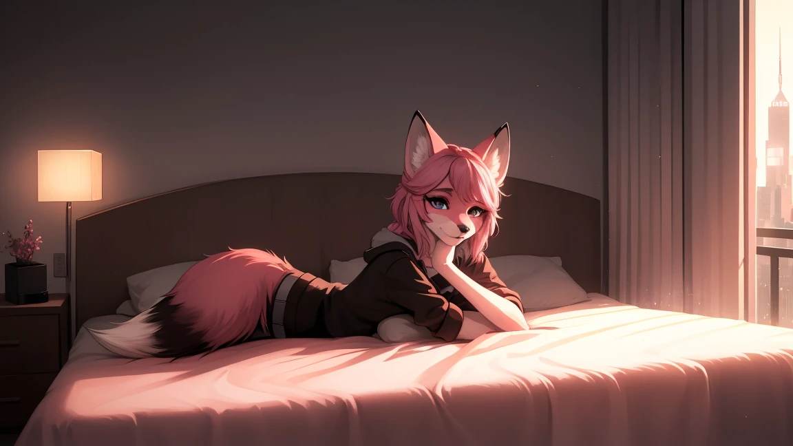 Cyberpunk fox, Beautiful light and shadow on a beautiful face with light pink hair、Ambientebeleuchtung am Strand、Ultra-fine fur、Das volumetrische Licht ist sehr detailliert，Furry art of the highest quality, imschlafzimmer, im Bett 