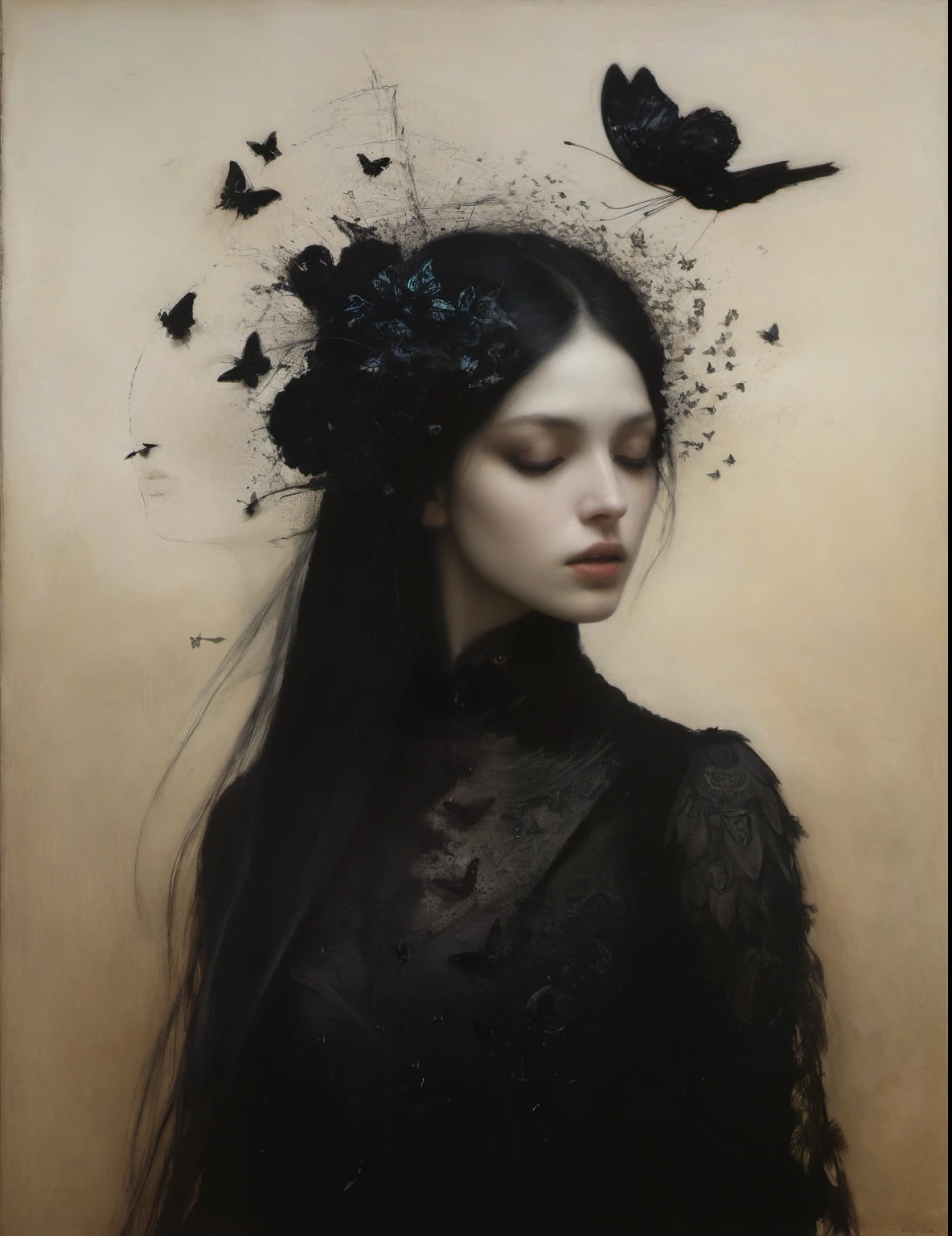 James Gurney, Surrealist art , dream-like, Mysterious, Provocative, symbolic, Complex, detailed,, (Gothic but very beautiful:1.4), (masterpiece, highest quality:1.4) , Nicola Samori Style, erfly, Crow and the Young