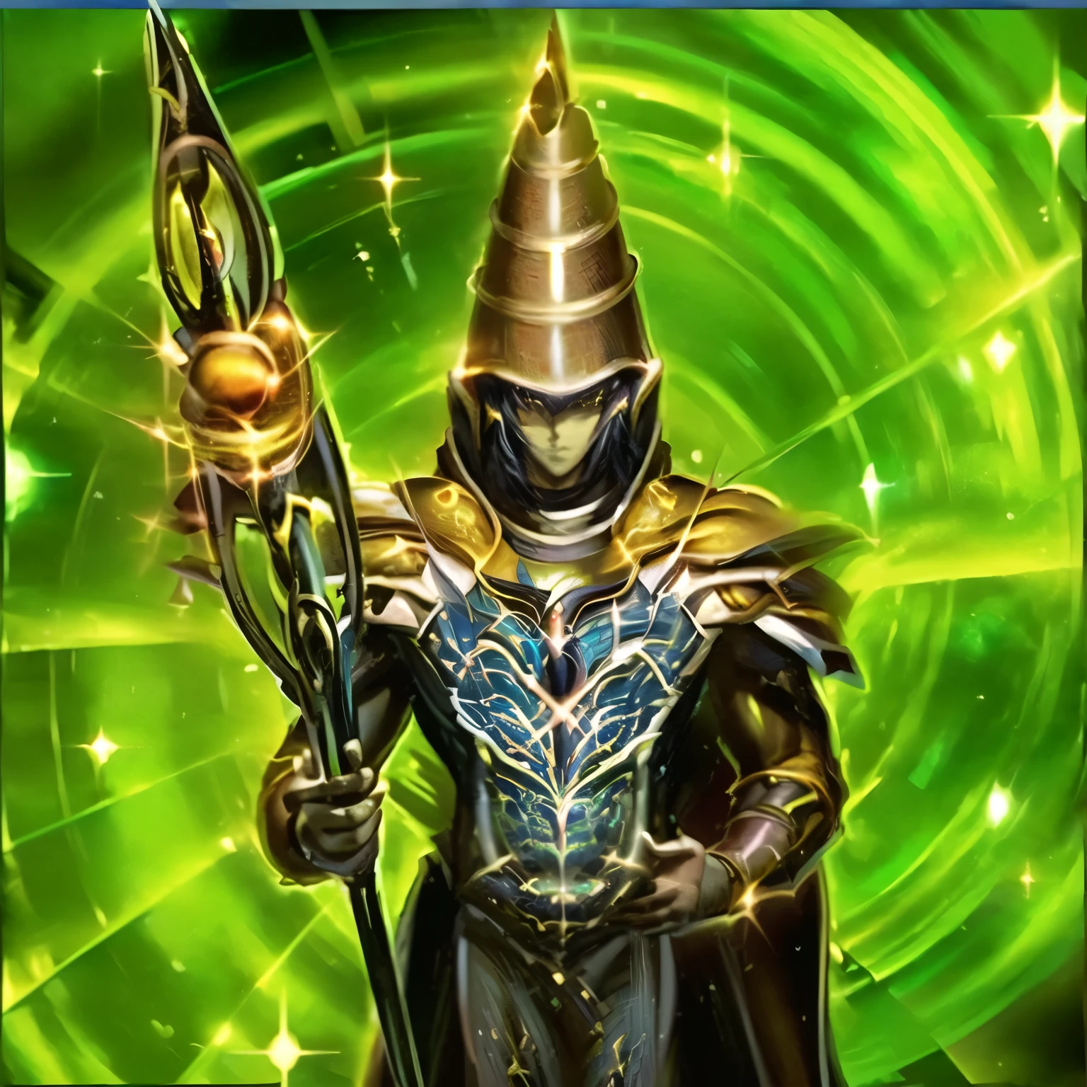 un primer plano de una persona disfrazada sosteniendo una lanza, Archimago, an epic majestical degen trader, picture of a male cleric, Holy Paladin, dios legendario sosteniendo lanza, mago masculino, el dios emperador de la humanidad, THOTH, retrato del emperador de la humanidad, paladin golden armor, cleric, aura de poder. detallado, Golden Paladin, ojos abiertos