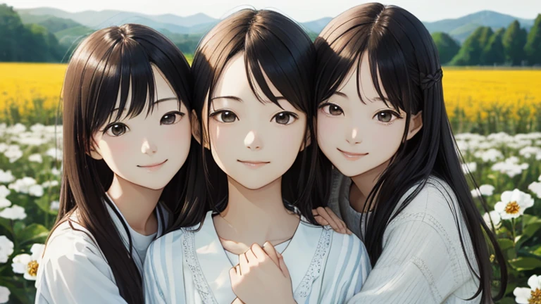 The subject appears far away、Shiraishi Mei, Looks exactly like Shiraishi Mei, A kind smile, Bob Hair,  Two people、Dark brown hair, (((2 girls))), 18-year-old, photograph, Realistic, highest quality, Detailed face, Strong sunlight, Diffused sunlight, Written boundary depth, Bokeh (highest quality: 1.5), (masterpiece: 1.2), Watch Viewer, one piece, White Theme, Thin Blue Stripes,very A broad perspective、There is a flower field in the background.、I&#39;m in a flower garden,(((Panorama:1.2))),(Bokeh),Long Shot,A broad perspective