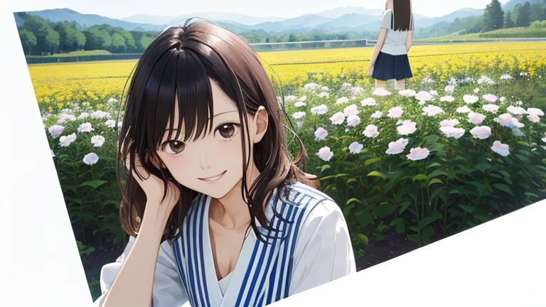 The subject appears far away、Shiraishi Mei, Looks exactly like Shiraishi Mei, A kind smile, Bob Hair, Two people、Dark brown hair, (((2 girls))), 18-year-old, photograph, Realistic, highest quality, Detailed face, Strong sunlight, Diffused sunlight, Written boundary depth, Bokeh (highest quality: 1.5), (masterpiece: 1.2), Watch Viewer, one piece, White Theme, Thin Blue Stripes,very A broad perspective、There is a flower field in the background.、I'm in a flower garden,(((Panorama:1.2))),(Bokeh),Long Shot,A broad perspective