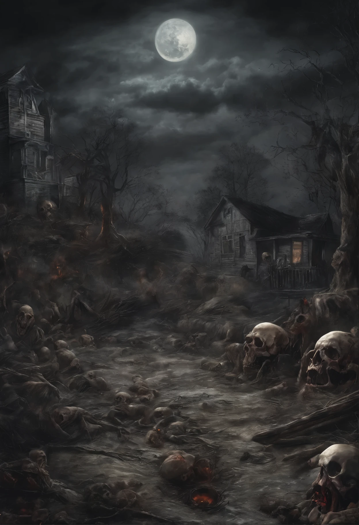 (Night Landscape), Horror, Haunted, Corpses, Skulls, Image Depicting Hell, Necronomicon, Image Style Painting, Realistic, Shadows, HD, High Quality, Cinematic