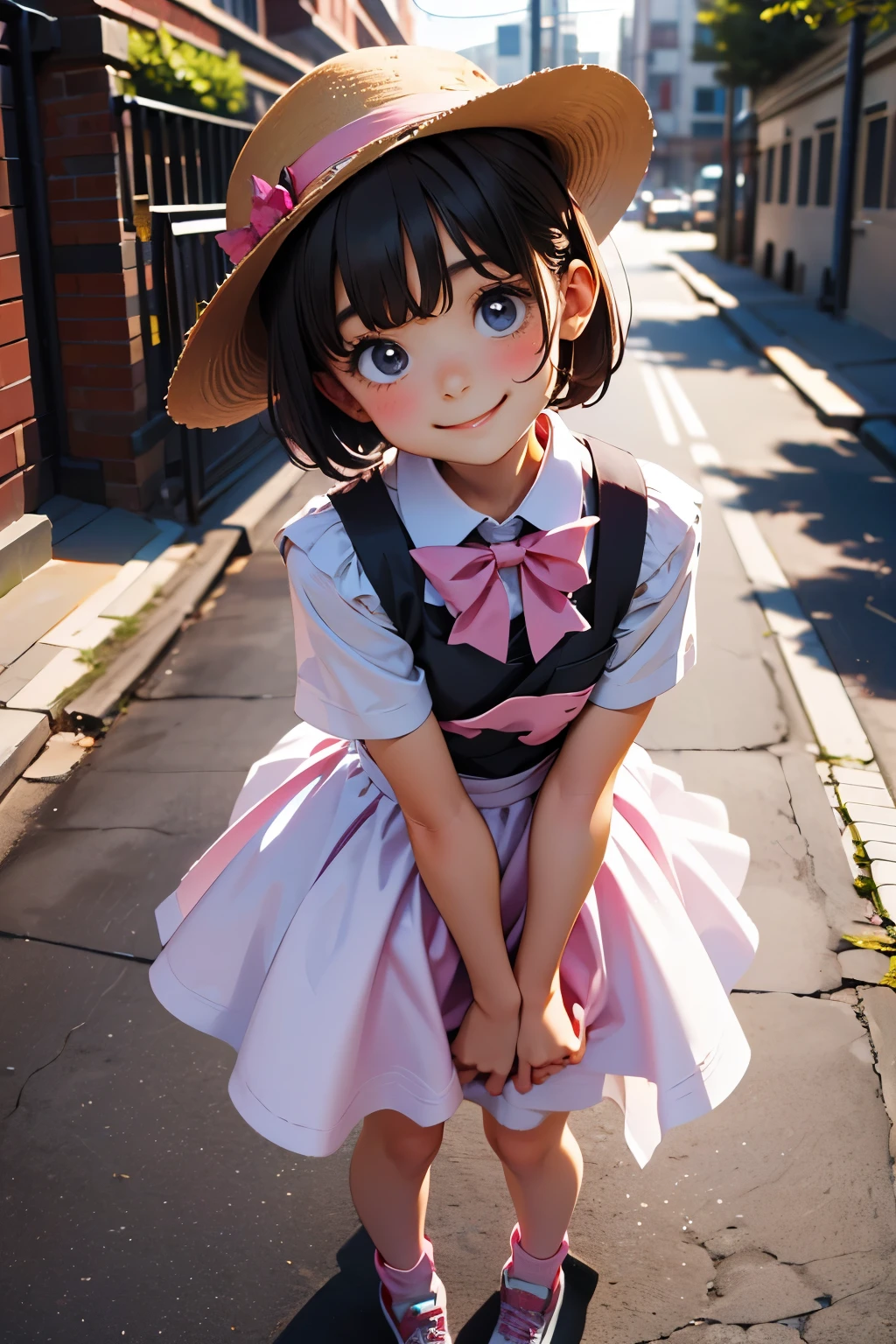 ((best quality)), ((masterpiece)), (detailed), perfect face, little sister, ten years old, big eyes, smile face, short hair, wearing dress pink and wearing hat, full body, at the school