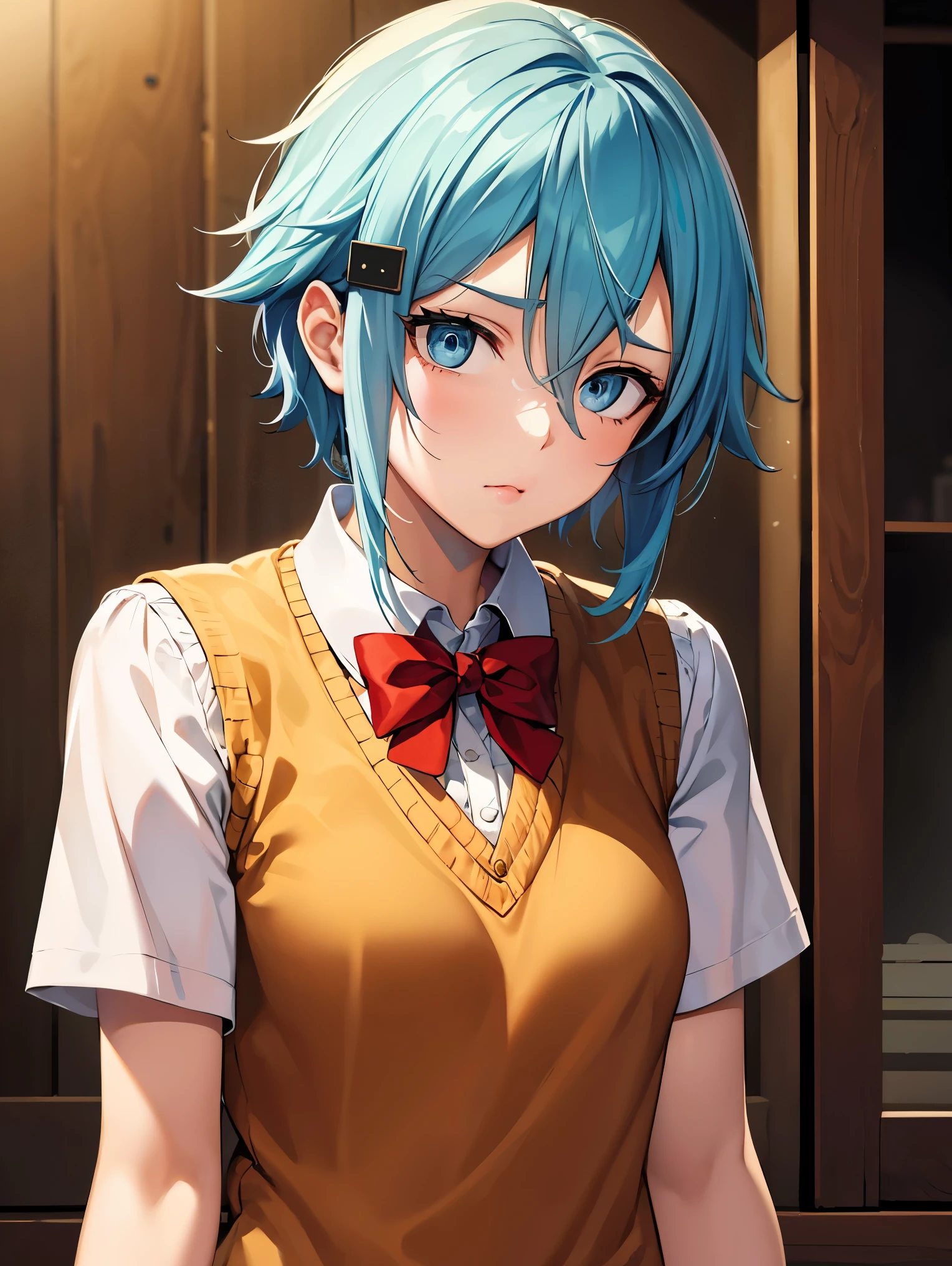 deep skin,textured skin,shinoasada, sinon, blue eyes, blue hair, hair ornament, hair between eyes, hairclip, short hair, sidelocks, (small breast:1.2),
BREAK (orange sweater vest, short sleeves, red bowtie, blue miniskirt:1,2)
BREAK captivating posture，inside in room，peeking out upper body，Be red in the face，irritated expresion，Shut your mouth，(8K:1.1),
BREAK (masterpiece:1.2), best quality, high resolution, unity 8k wallpaper, (illustration:0.8), (beautiful detailed eyes:1.6), extremely detailed face, perfect lighting, extremely detailed CG, (perfect hands, perfect anatomy),