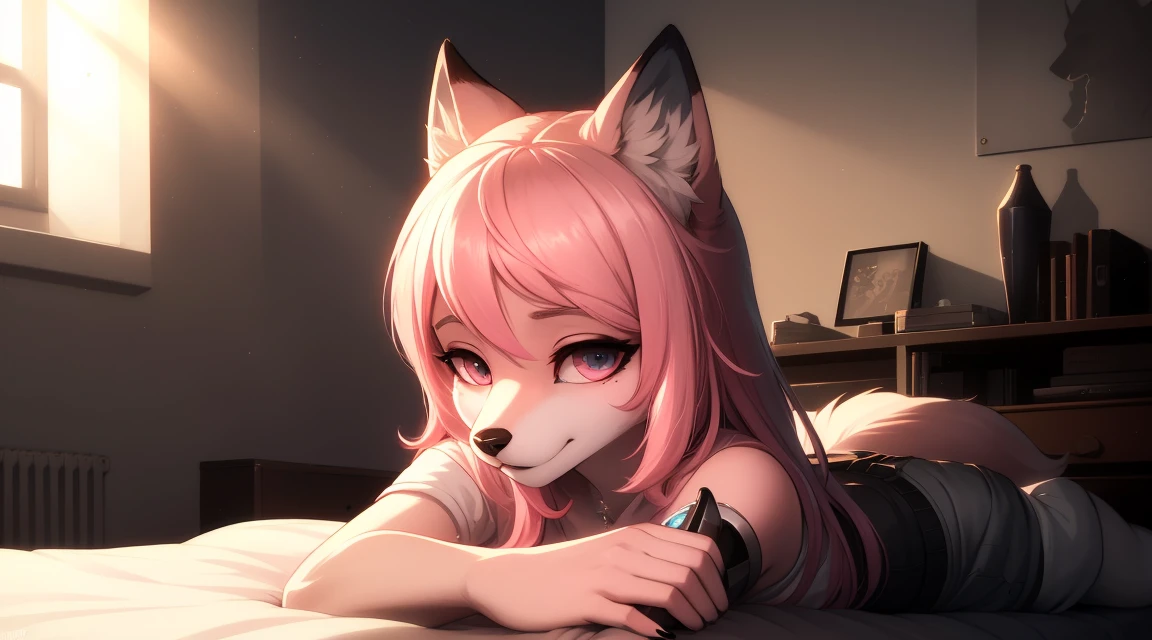 Cyberpunk fox, Beautiful light and shadow on a beautiful face with light pink hair、Ambientebeleuchtung am Strand、Ultra-fine fur、Das volumetrische Licht ist sehr detailliert，Furry art of the highest quality, nackt, auf einem bett