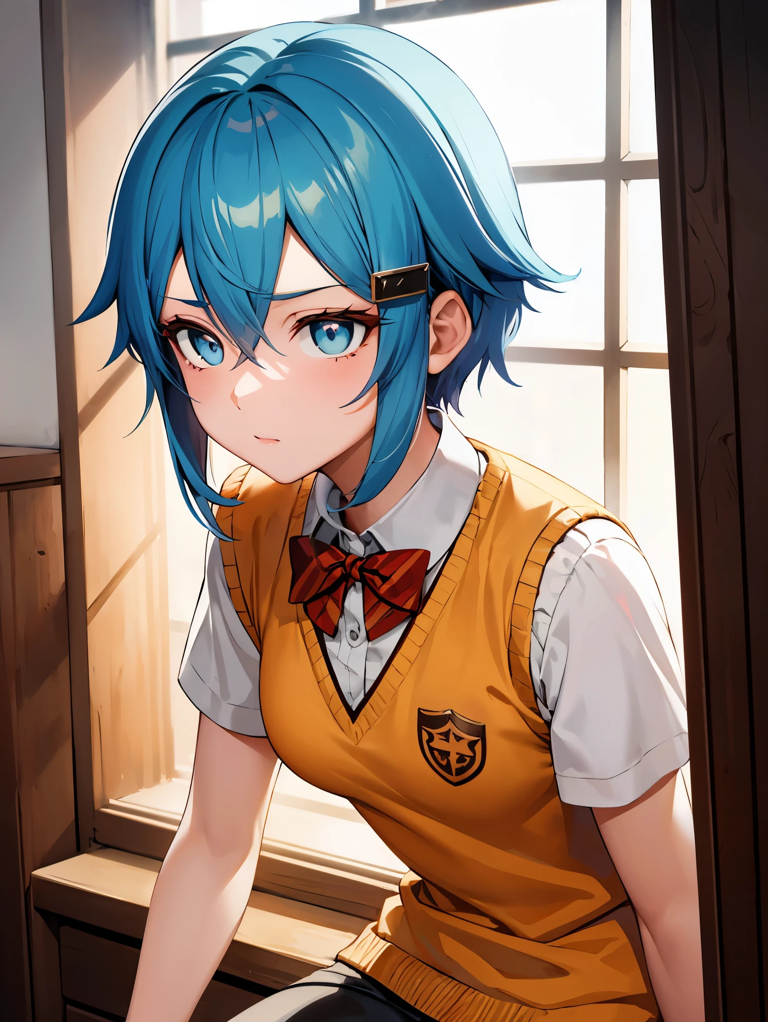 deep skin,textured skin,shinoasada, sinon, blue eyes, blue hair, hair ornament, hair between eyes, hairclip, short hair, sidelocks, (small breast:1.2),
BREAK (orange sweater vest, short sleeves, red bowtie, blue miniskirt:1,2)
BREAK captivating posture,inside in room,peeking out upper body,Be red in the face,irritated expresion,Shut your mouth,(8K:1.1),
BREAK (masterpiece:1.2), best quality, high resolution, unity 8k wallpaper, (illustration:0.8), (beautiful detailed eyes:1.6), extremely detailed face, perfect lighting, extremely detailed CG, (perfect hands, perfect anatomy),