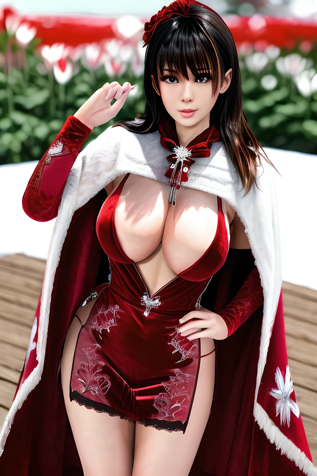 1girl,(RED theme: 1.2), (Velvet fabric Wedding dress: 1.2), (Ice flower cloak: 1.5), ,garden,moon,huge breasts,lactating,(lip gloss),(masterpiece), best quality, (real life portrait photography:1.5),unltra detailed,8K,Shot with a professional-grade camera like the Nikon D850,every intricate detail is captured, from the subtlest expression to the glimmer of anticipation in her eyes,Focus on thighs and above,,nanami