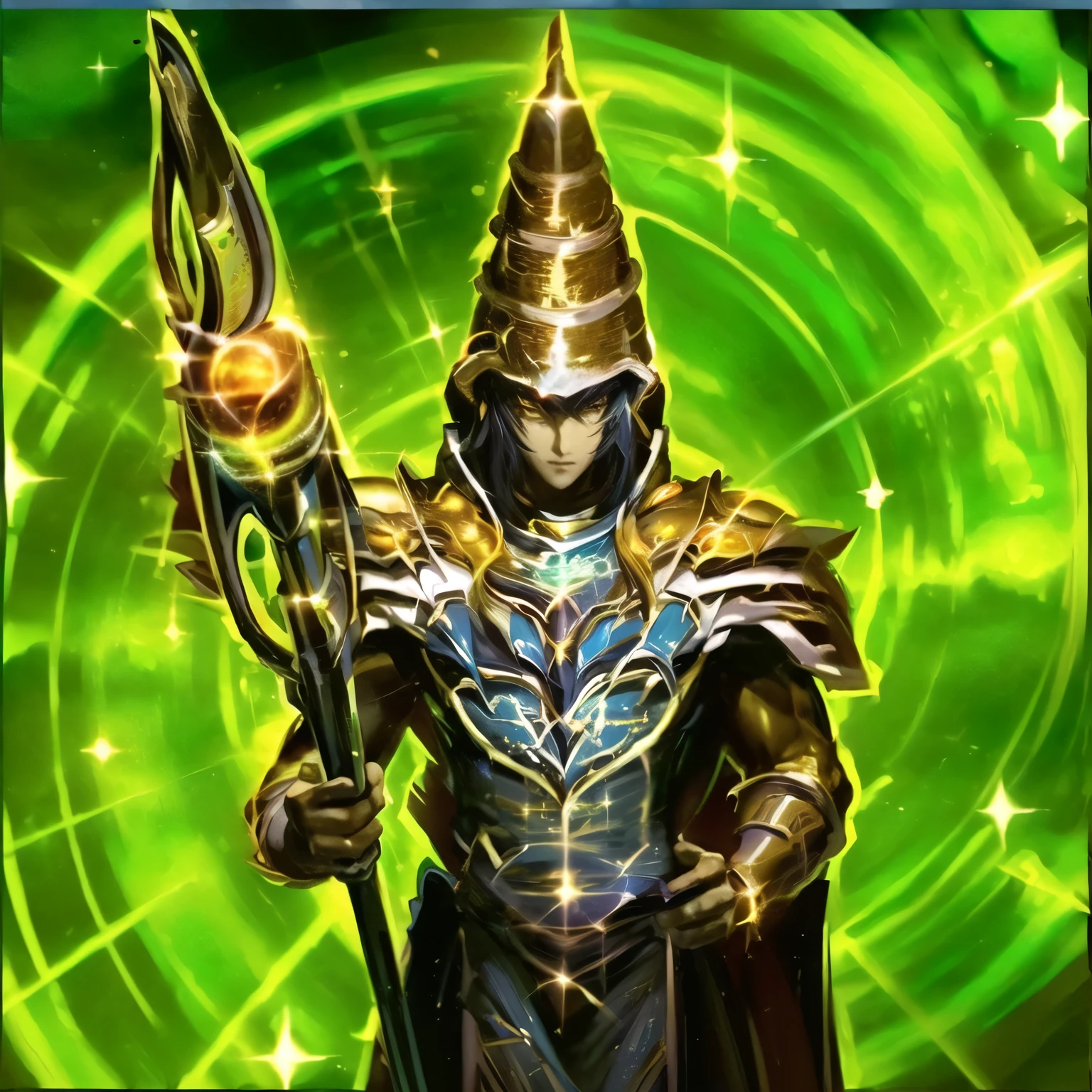 un primer plano de una persona disfrazada sosteniendo una lanza, Archimago, an epic majestical degen trader, picture of a male cleric, Holy Paladin, dios legendario sosteniendo lanza, mago masculino, el dios emperador de la humanidad, THOTH, retrato del emperador de la humanidad, paladin golden armor, cleric, aura de poder. detallado, Golden Paladin, ojos abiertos