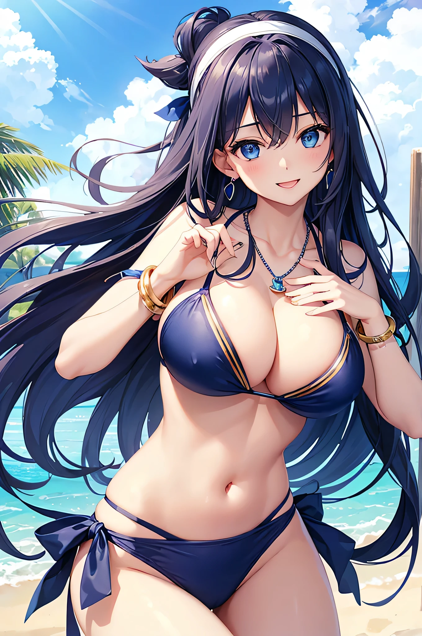 highest quality、((Best image quality))、((masterpiece))、beautiful girl、((Navy blue long hair))、blue eyes(Close one eye)、Navy Blue Bikini、Big cleavage、(Big Breasts),smile、blue necklace、Blue Earrings、background(Beach)、Sexy look、A dynamic pose、Please open your mouth wide、White headband、Put your chest together、bracelet