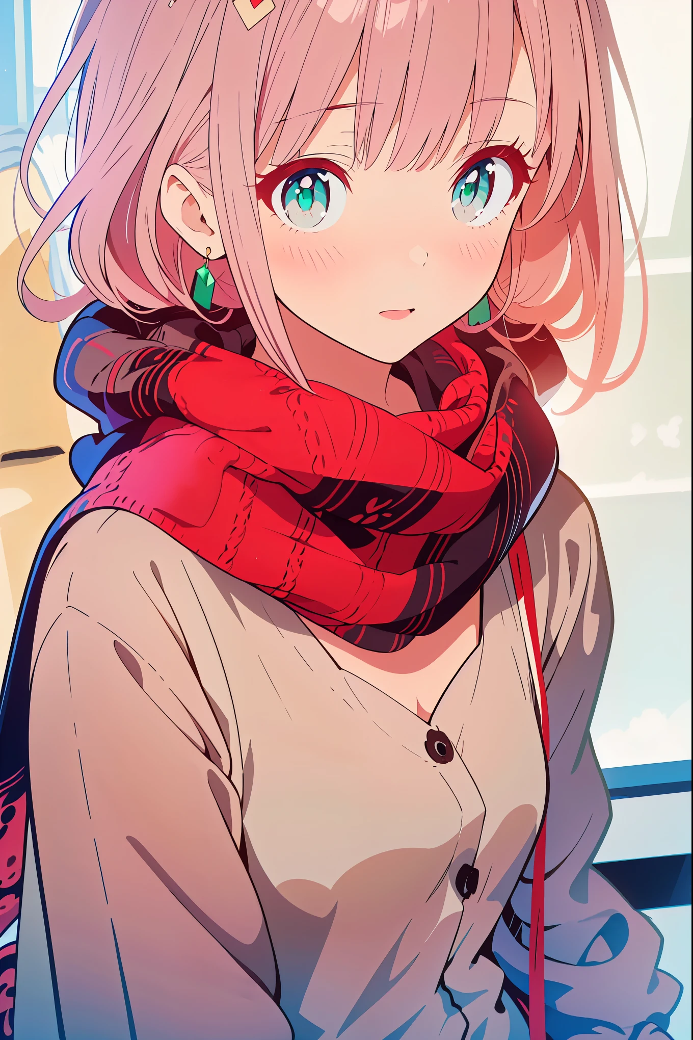 {{{{tmasterpiece}}}}, {{{ultra - detailed}}}, {{{A high resolution}}}, {{Good anatomy}}, (((Best quality at best))), ((Maximalism)),((Emerald eyes,with pink hair)),{{Extremely detailed and refined}}, {8k CG wallpaper}, {{illustratio,Get on camera,closeup of face,Face portrait}}, (long hair|straight hair|white hair|detailed hair|blunt bangs|shinny hair),((chiffon blouse,: The red and brown,vintage hairstyle,plain style,cardigan,gray knitted scarf)),proud face,ear rings,Blushing with joy,girlfriend lens,(1 girl:1), Alone,little breast, (color difference:1.2)